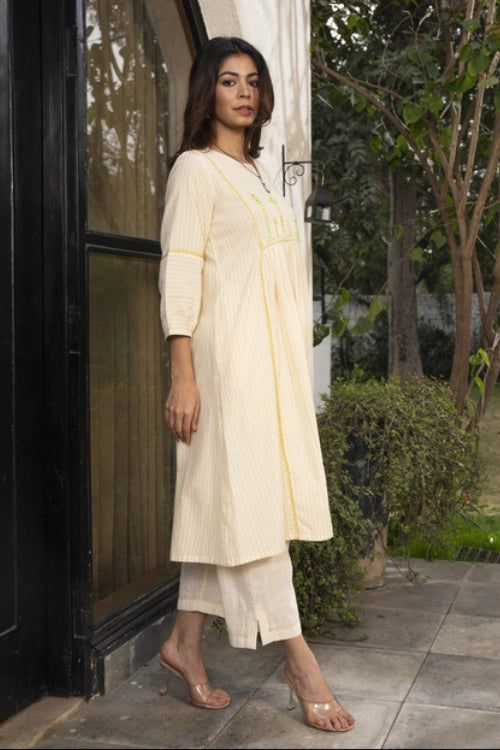 Rangsutra Suhani Cream Striped Cotton Kurta With Soof Hand Embroidery