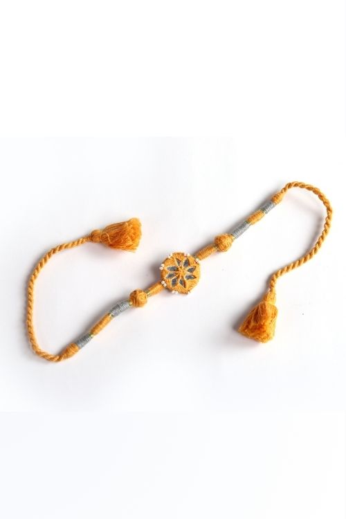 Antarang- Patwa Mirror Work, 100% Cotton, Bhai Rakhi Set. Light Pink-Yellow Made By Divyang Rural Women.