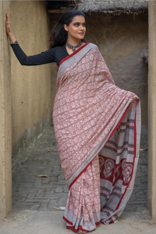 Exclusive Bagh Hand Block Printed Cotton Saree - White Paisleys