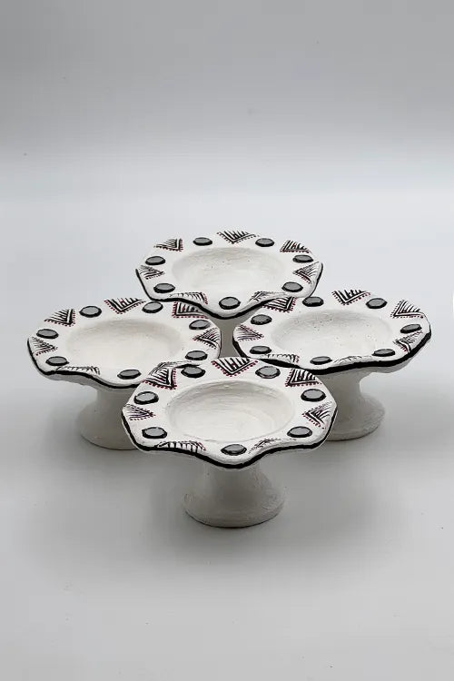Antarang: Terracotta- Handpainted - White Flower Diya Set Of 6