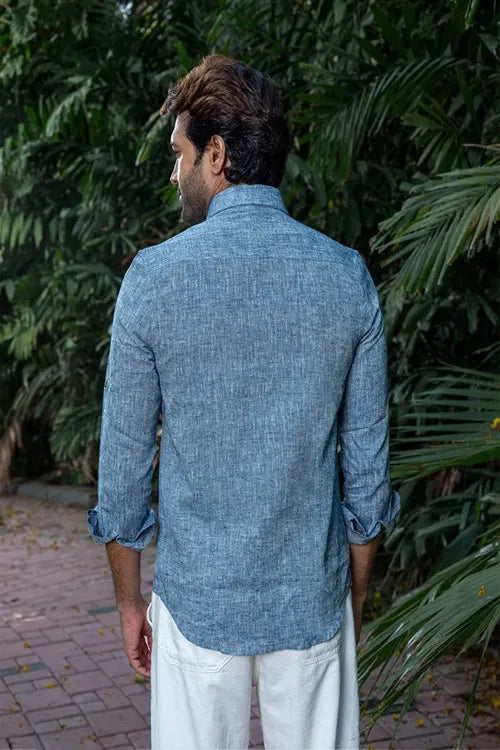 Craftroots Handwoven Blue Linen Shirt