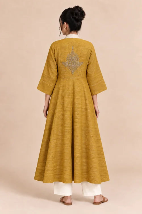 Moralfibre  Yellow Ecru Erisilk Open Overlay With Intricate Zardosi  Butta  At Back  From "Shapes Collection"