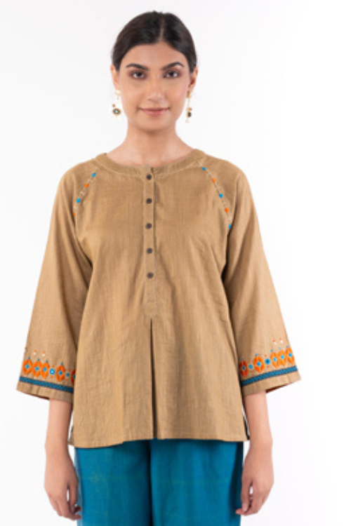 Rangsutra Naman Beige Soof Hand Embroidered Top