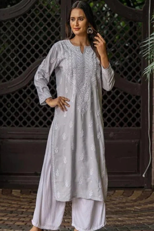 Craftroots Modal Grey Chikankari Kurta