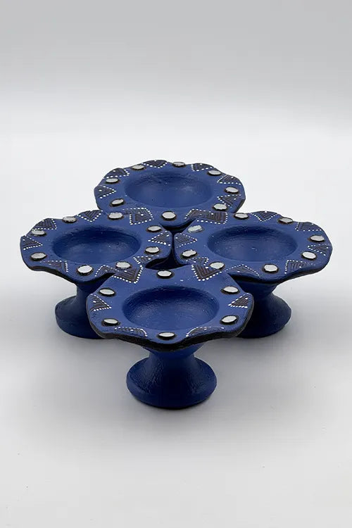 Antarang: Terracotta- Handpainted - Blue Flower Diya Set Of 6