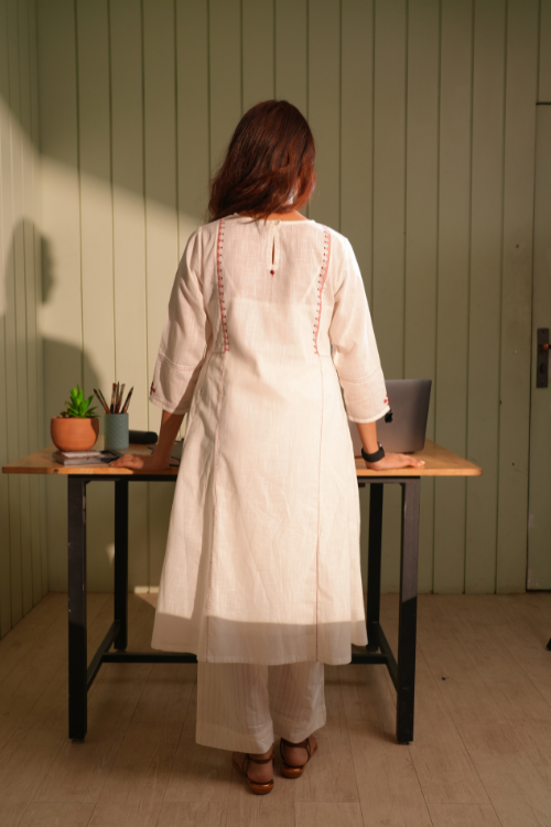Rangsutra Dhwani White- Blue Flared Cotton Kurta With Soof Hand Embroidery