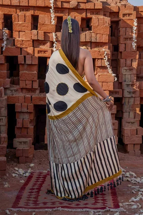 Craftroots Polka Dots Block Printed Modal Silk Saree
