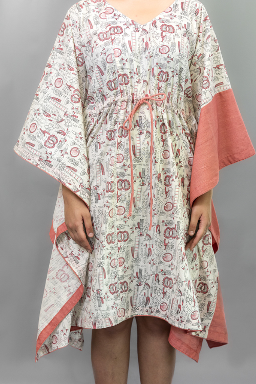 Moralfibre Natural Peach Floral Printed Kaftan Dress