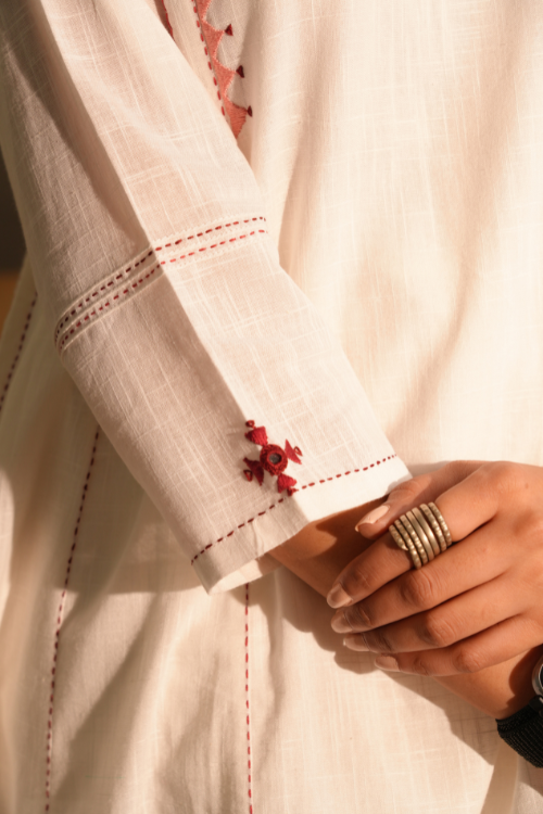 Rangsutra Dhwani White-Pink Flared Cotton Kurta With Soof Hand Embroidery