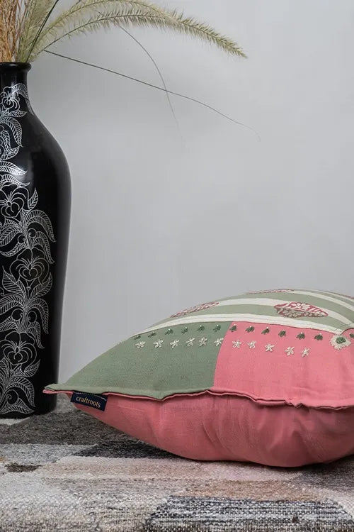 Craftroots Hand-Embroidered Peach & Green Daisy Cushion Cover