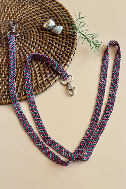 Antarang- Pink-Green- Multi Use Handcrafted Beaded Mobile String With Attachment- Phone, Clutch & Sling Strap