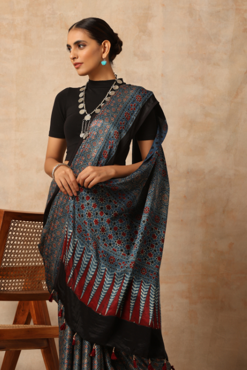 Tenaaro Ajrakh Hand Block Printed  Modal Sik Saree (Indigo Blue-13)