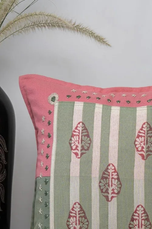 Craftroots Peach & Mint Green Hand-Embroidered Daisy Cushion Cover Set Of 2