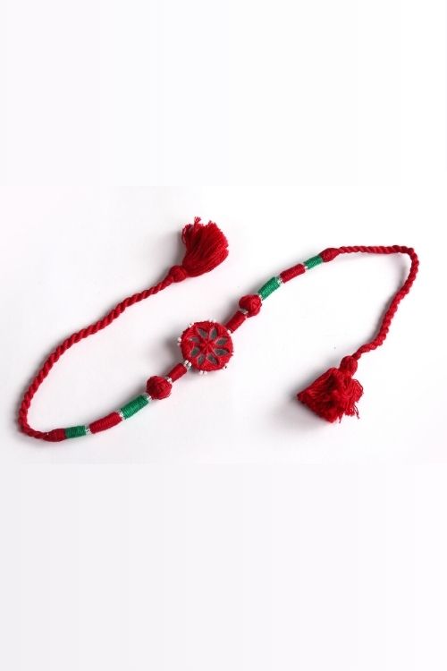 Antarang- Patwa Mirror Work, 100% Cotton, Bhai Rakhi Set. Marron-Green. Made By Divyang Rural Women.