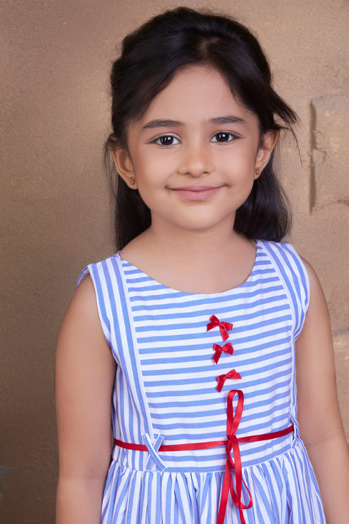 Soleilclo "Coastal Charm" Sleeveless Blue Striped Cotton Dress With Satin Belt And Bows