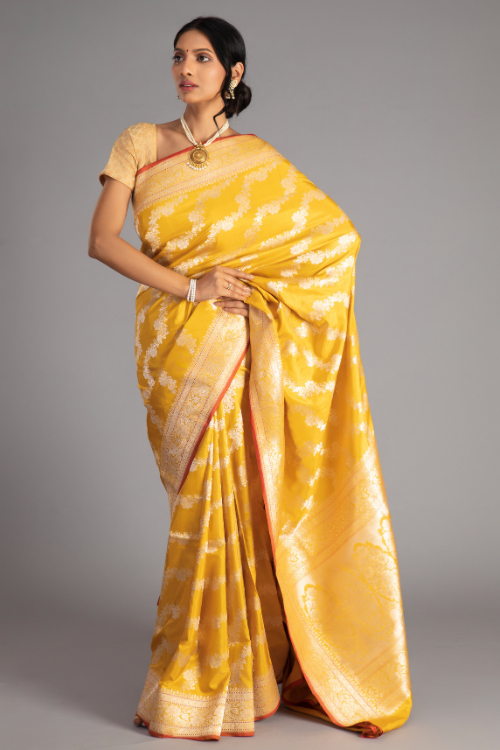 Yellow Handloom Banarasi Pure Katan Silk Kadwa Aara  Saree