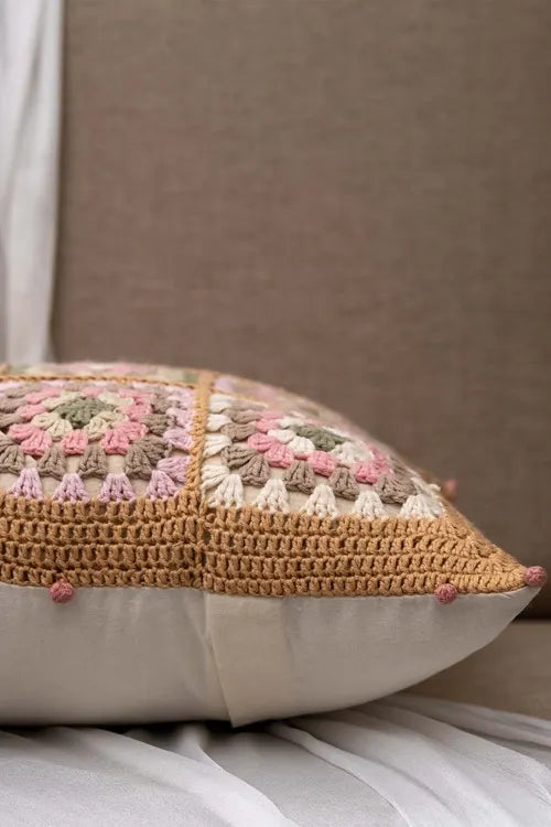 Craftroots Handcrafted Floral Applique Crochet Cushion Cover Cotton
