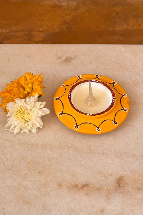 Antarang: Terracotta- Handpainted - Yellow Disc Diya Set Of 8