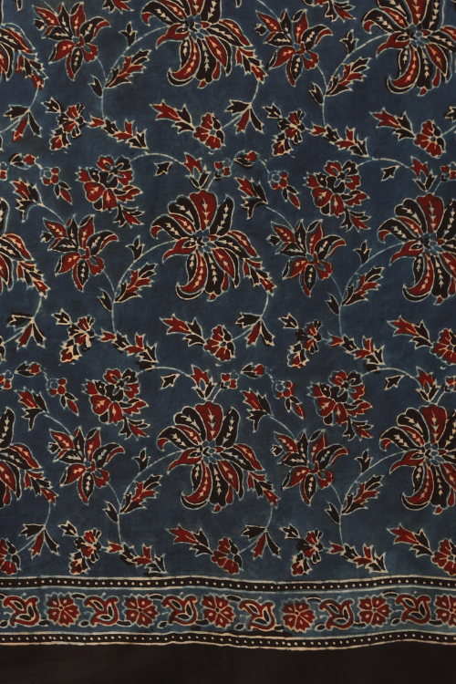 Tenaaro Ajrakh Hand Block Printed  Modal Satin Saree (Indigo Blue-14)