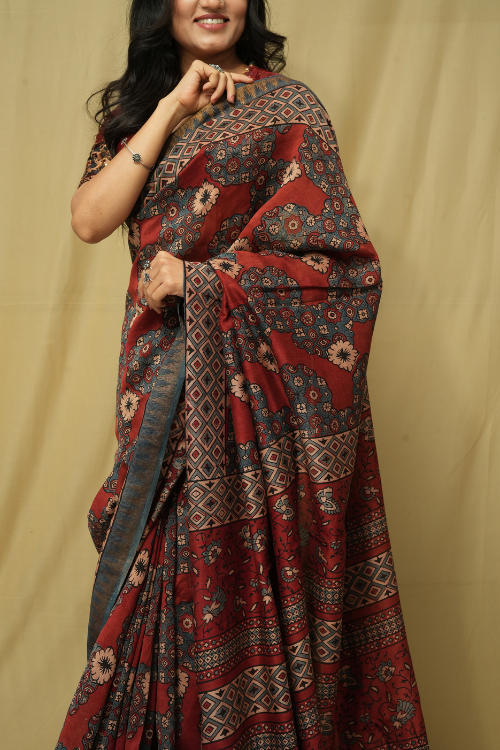 Chaderi Red Ajrakh Print Saree | Jabbar Khatri