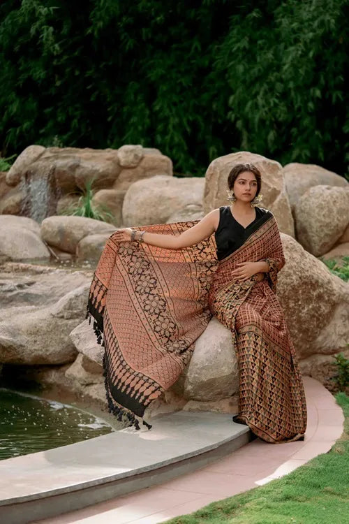 Craftroots Ajrakh All Over Floral Modal Saree With Tassels