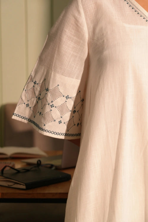 Rangsutra Dhwani White Bell Sleeves Cotton Kurta With Applique