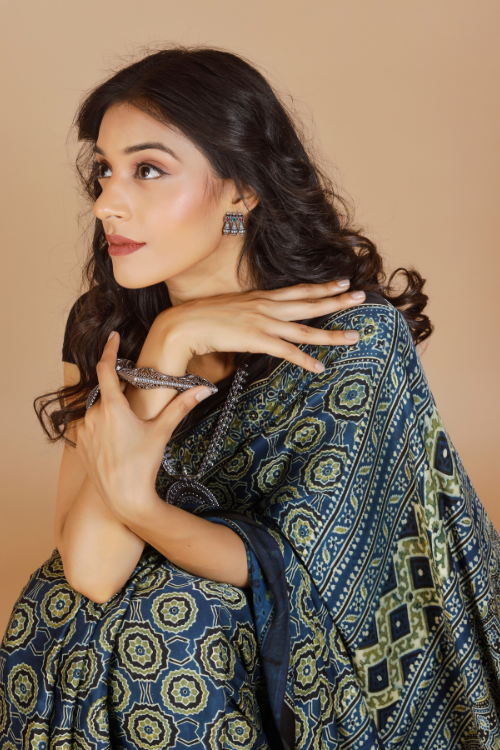 Tenaaro Ajrakh Hand Block Printed Modal Saree (Nevyblue-2)