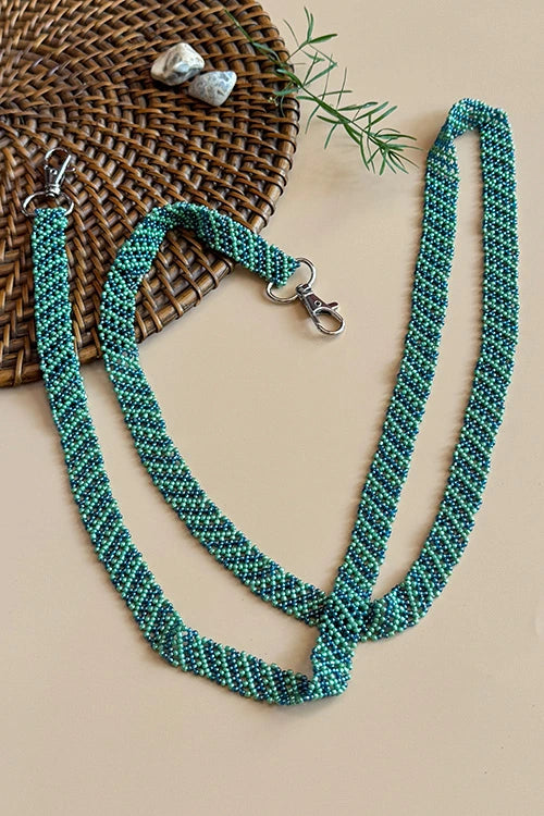 Antarang- Green-Blue- Multi Use Handcrafted Beaded Mobile String With Attachment- Phone, Clutch & Sling Strap