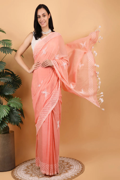 Shwet Women Peach Hand Embroidered Chikankari  Mulmul Saree