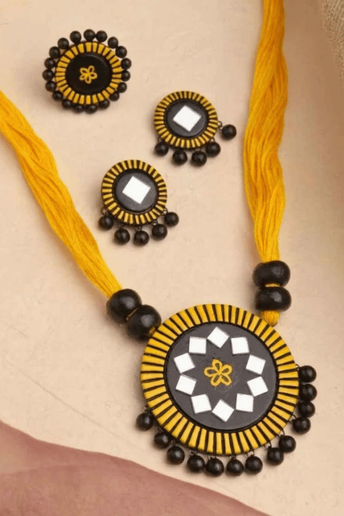 Mridah Yellow And Black 'Kanchan' Mirror Work Terracotta Necklace Set