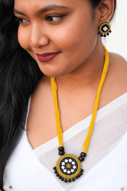 Mridah Yellow And Black 'Kanchan' Mirror Work Terracotta Necklace Set
