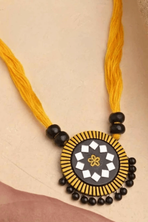 Mridah Yellow And Black 'Kanchan' Mirror Work Terracotta Necklace Set