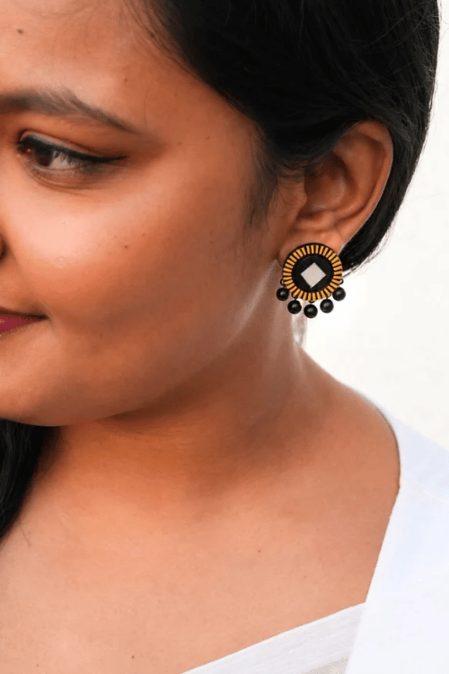 Mridah Yellow And Black 'Kanchan' Mirror Work Terracotta Necklace Set