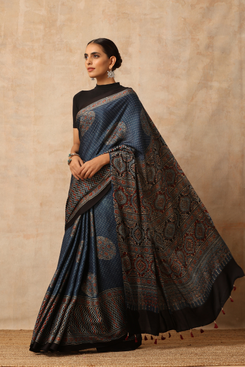 Riyaz Khatri Traditional Ajrakh Hand Block Printed And Natural Dye Modal Silk Saree With Beautiful Tassels - Indigo Blue
