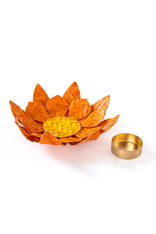 Greenkraft Lotus Handcrafted Bamboo Orange Tealight Holder- Set Of 2