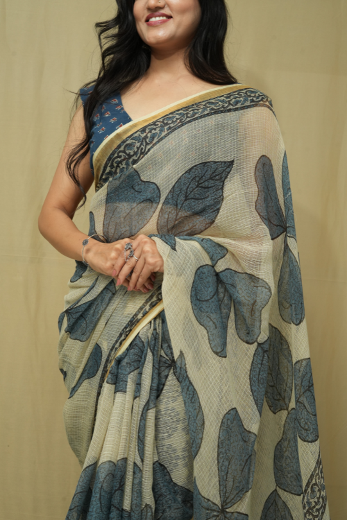 Ajrakh Print White And Blue Kota Saree | Jabbar Khatri