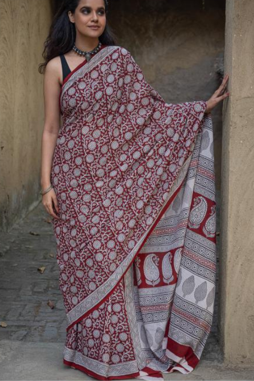 Exclusive Bagh Hand Block Printed Cotton Saree - White Flowers