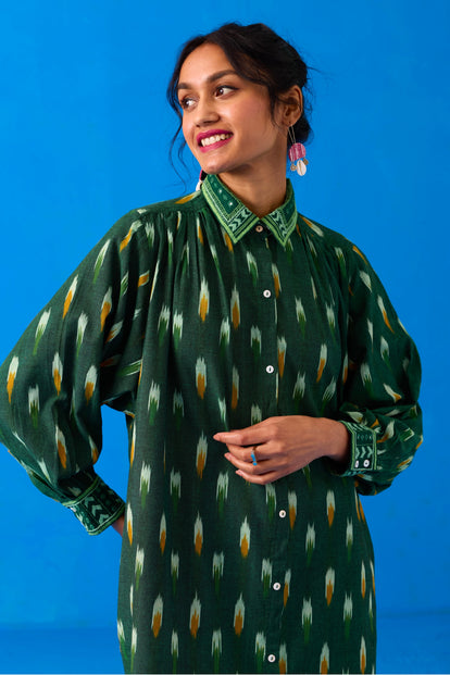 Okhai “Peacock Flare” Hand-Embroidered Ikkat Pure Cotton Shirt Dress