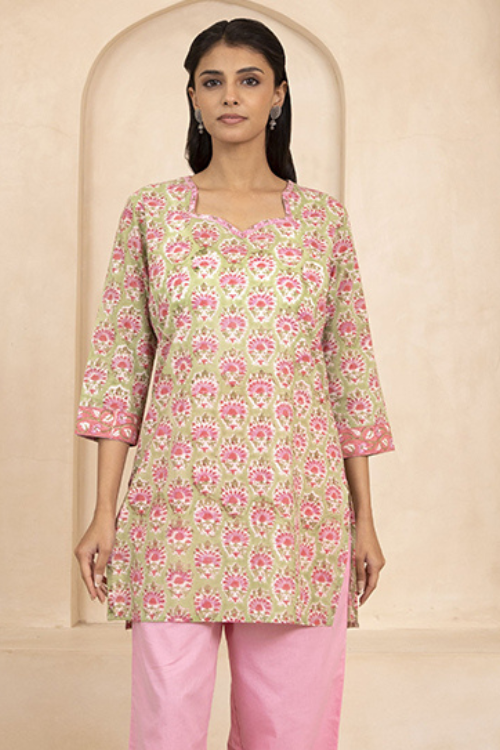 Shuddhi Green Handblock Printed Short Kurti
