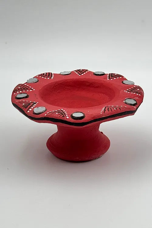 Antarang: Terracotta- Handpainted - Red Flower Diya Set Of 6