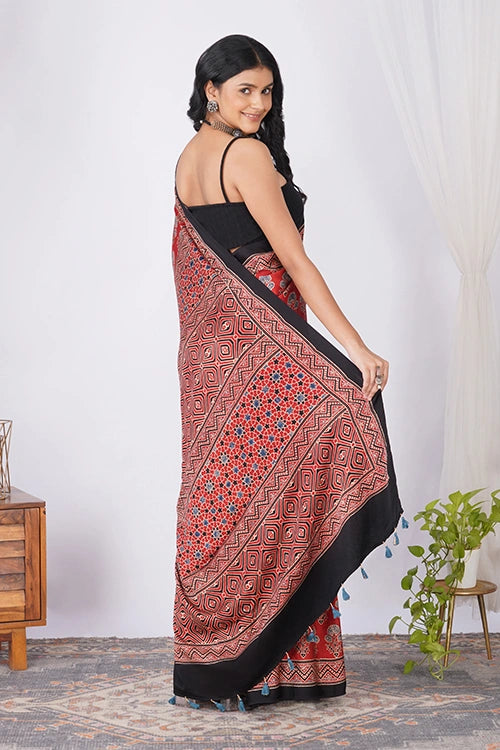TENAARO  Botanical Red Ajrakh Hand Block Printed Modal Silk Saree