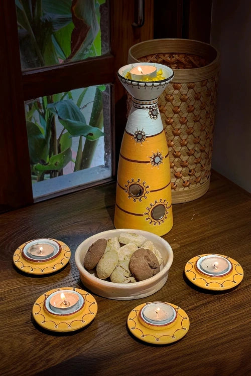 Antarang: Terracotta- Handpainted - Set Of Yellow Disc Diyas & Long Diya