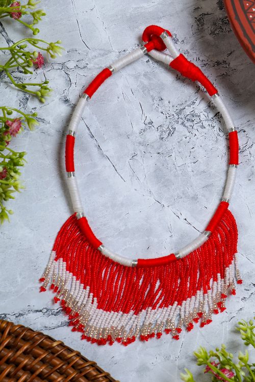 Antarang- Red Jumki Bead Choker,  100% Cotton. Valentine Special. Hand Made By Divyang Rural Women.