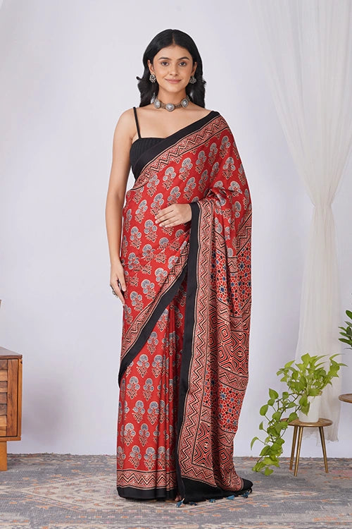 TENAARO  Botanical Red Ajrakh Hand Block Printed Modal Silk Saree