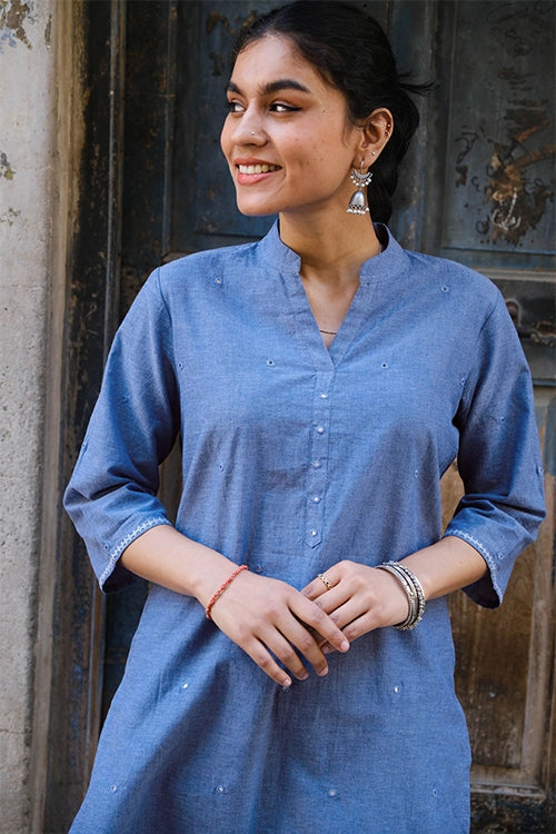 Okhai "Ariel" Hand-Embroidered and Mirrowork Blue Pure Cotton Kurta Salwar Set