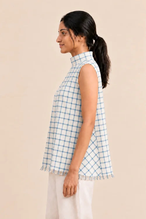Moralfibre Highneck Side Pannel Checkered Blue Top