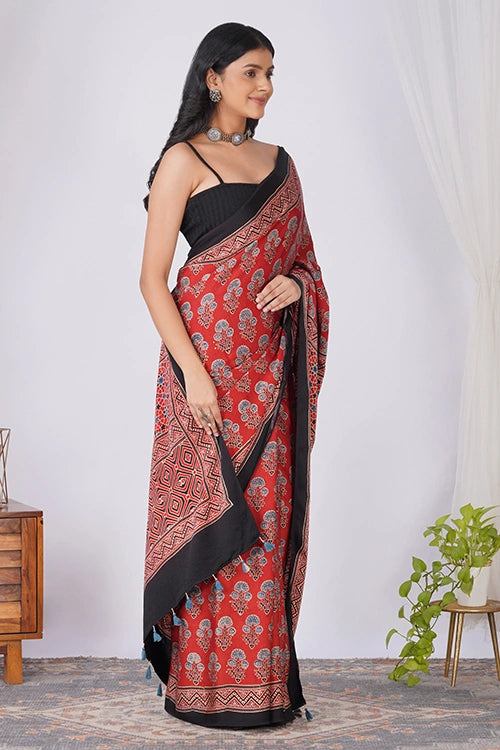 TENAARO  Botanical Red Ajrakh Hand Block Printed Modal Silk Saree