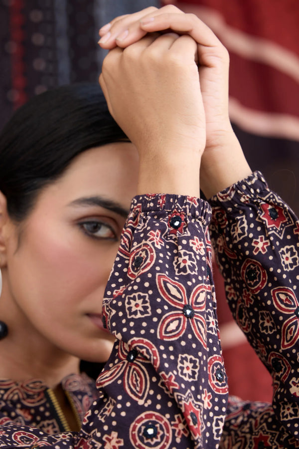 Okhai 'Raisin' Pure Cotton Ajrakh Handblock Printed Bomber Jacket