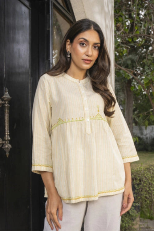 Rangsutra Suhani Cream Collared Cotton Top With Soof Hand Embroidery