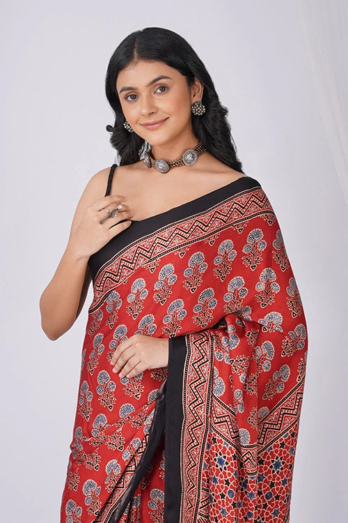 TENAARO  Botanical Red Ajrakh Hand Block Printed Modal Silk Saree
